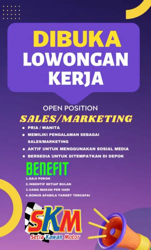 DIBUTUHKAN SEGERA SALES/MARKETING AREA DEPOK
