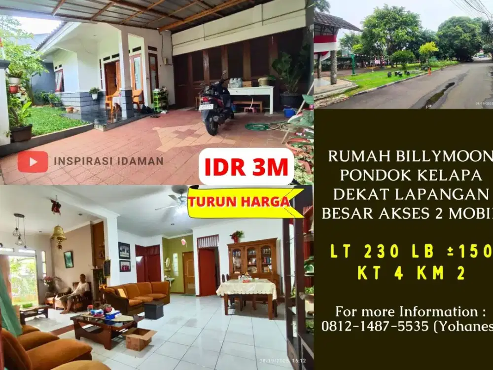 Rumah Billymoon 230mtr pondok kelapa dekat Lapangan Besar