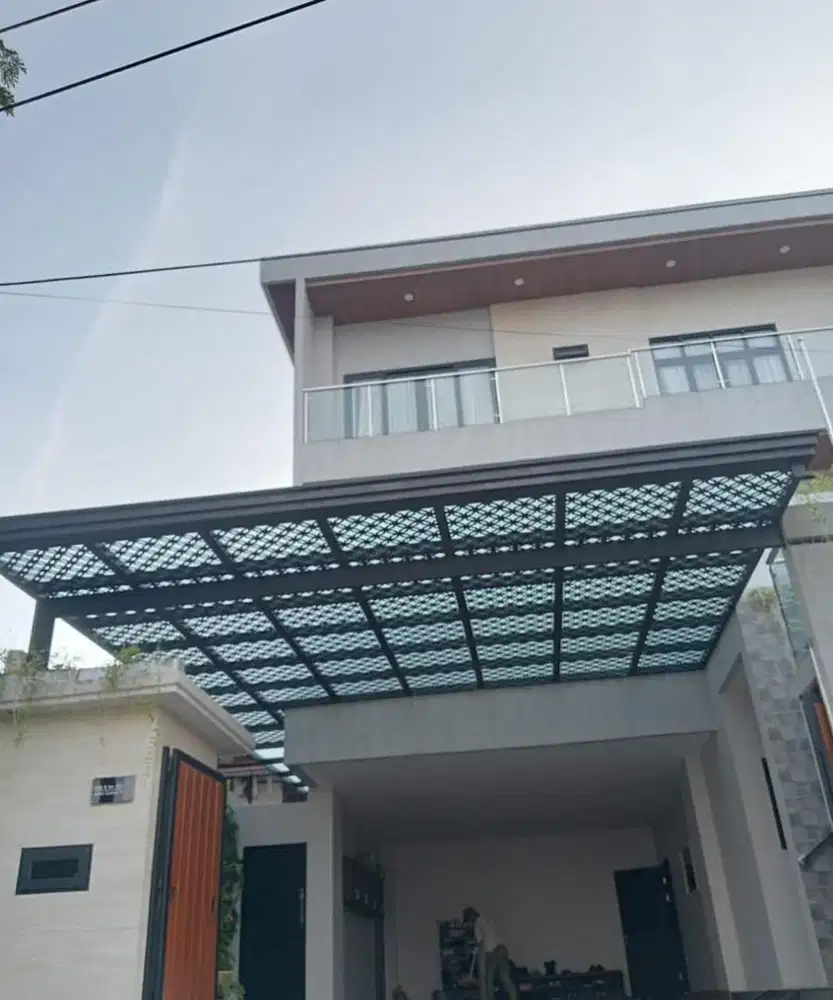 Kanopi kaca tempred glas kombinasi rangka plat cating laser