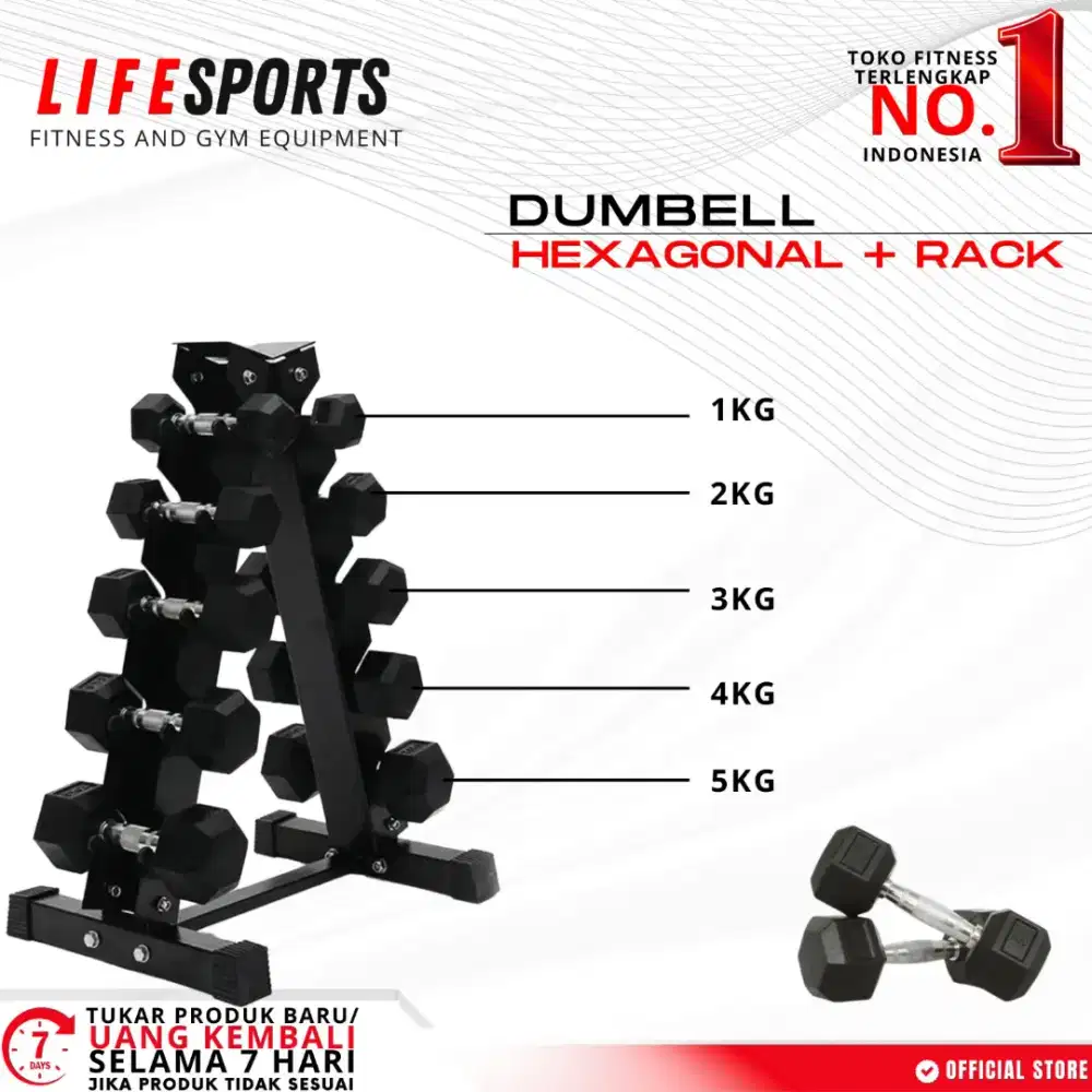 Dumbell Hexagonal Plus Rack 1Kg-5kg Lifesports