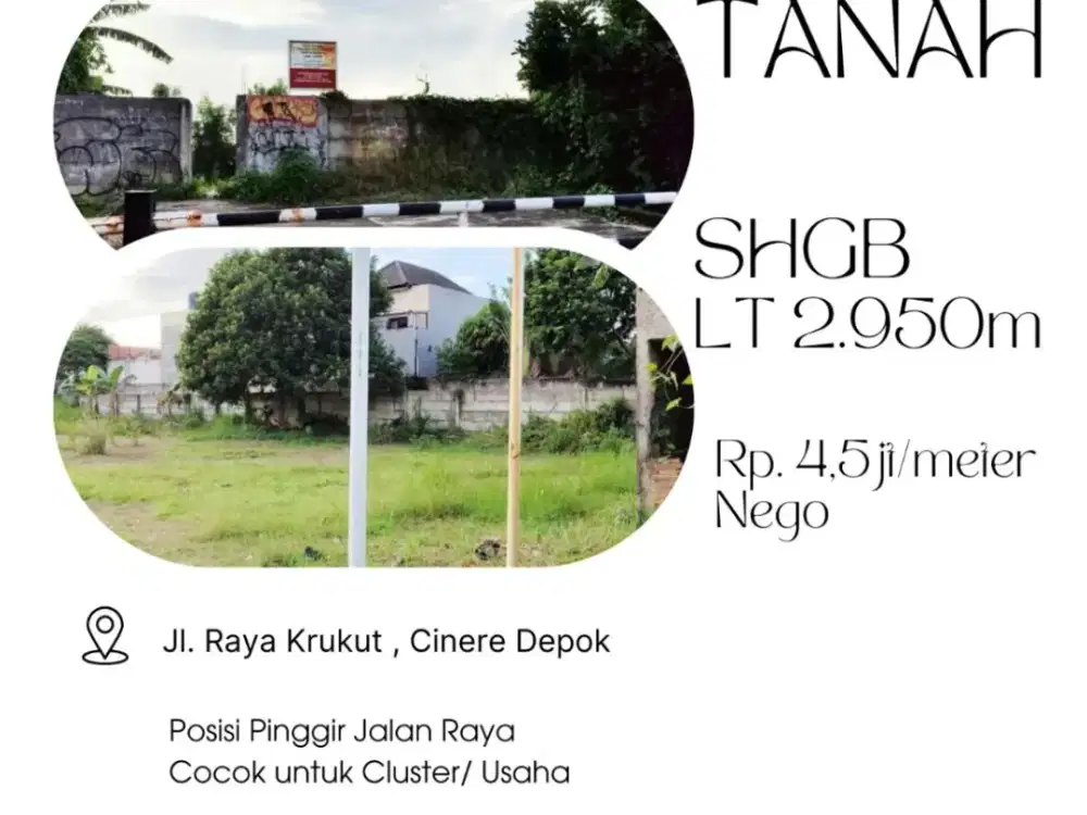 Tanah Siap Bangun 2.950m di Jl. Raya Krukut , Cinere Depok