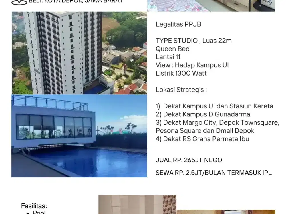 Jual & Sewa DAVE APARTEMENT Studio Furnished , Dekat Kampus UI Depok