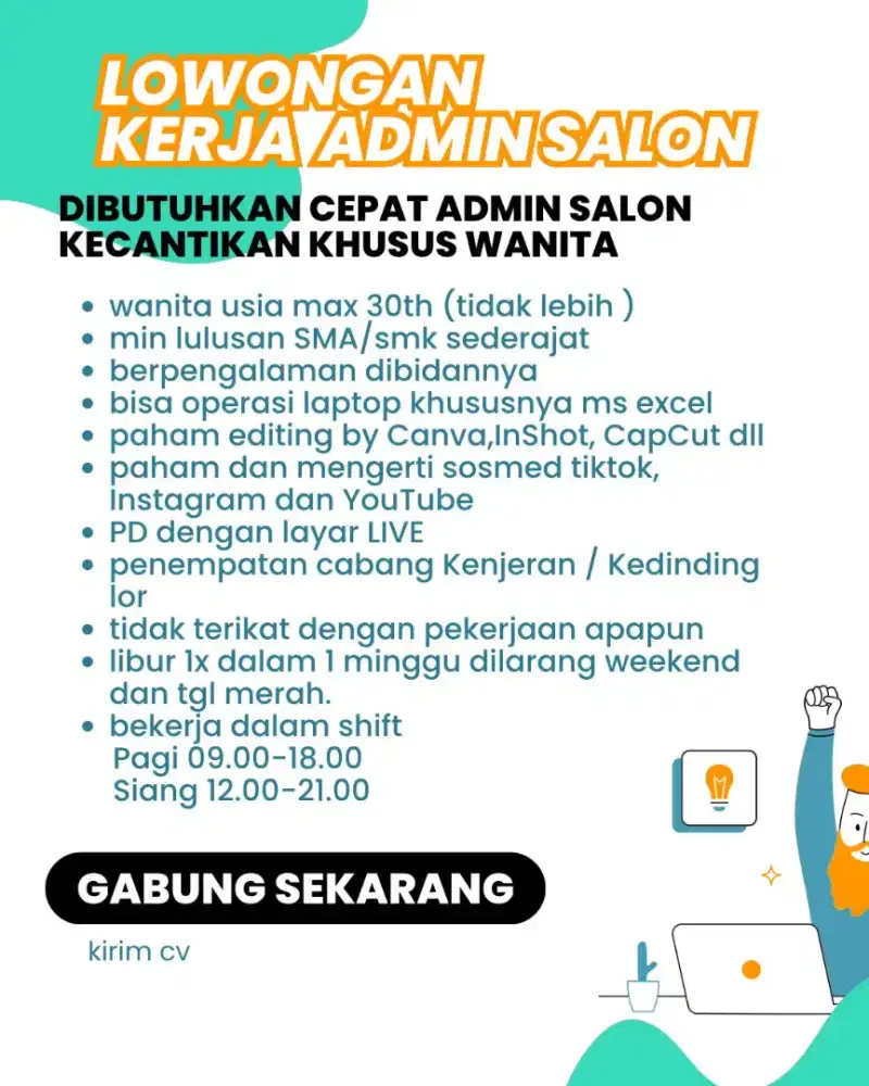 Dicari segera dan langsung kerja admin salon kecantikan khusus wanita