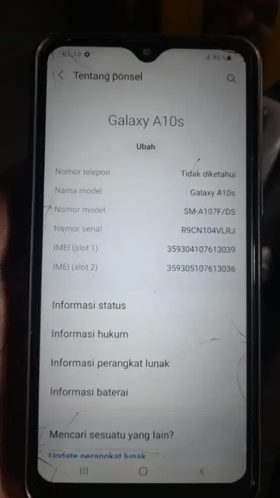Samsung galaxi A10s 2/32 minus tc retak & fungsi normal semua
