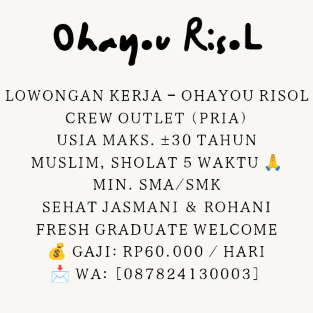 Lowongan Kerja - Crew Outlet Ohayou RisoL