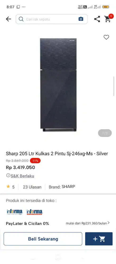 Kulkas sharp 2 pintu biasa cicilan tanpa dp pakai indodana
