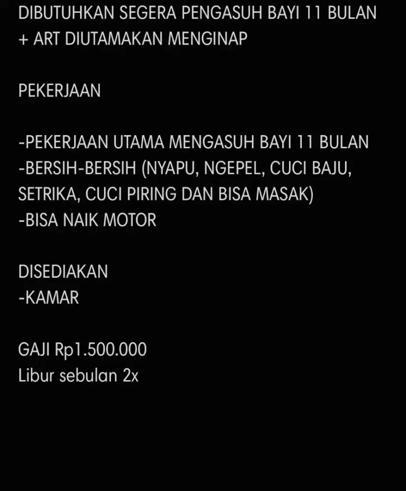 DIBUTUHKAN SEGERA PENGASUH BAYI 11 BULAN + ART