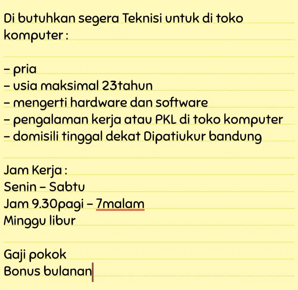 Di Butuhkan segera Teknisi Komputer Penempatan Bandung Kota