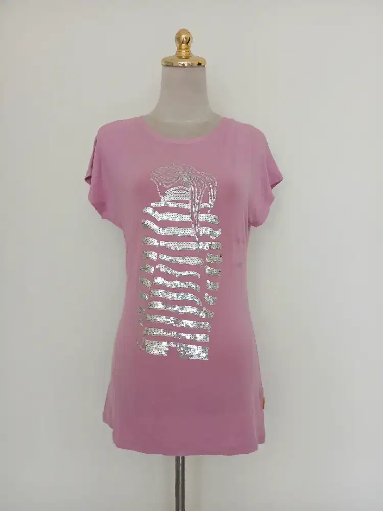 Baju atasan t-shirt sequin pink size L, preloved