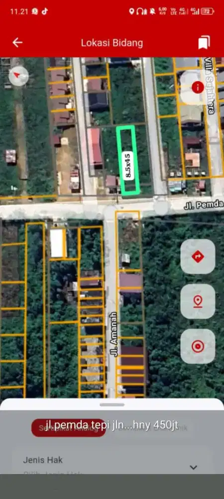 Tanah tepi jalan pemda tanjung raya ukuran 8,5 x 45