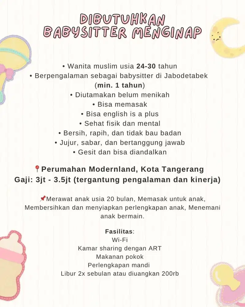 DIBUTUHKAN BABYSITTER MENGINAP