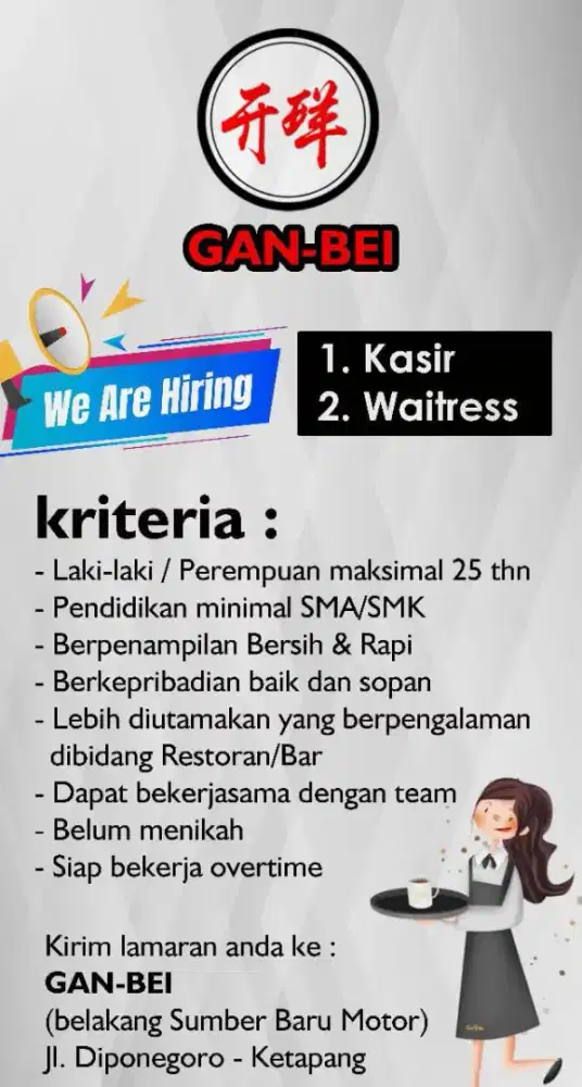 Dibutuhkan waitress dan cashier