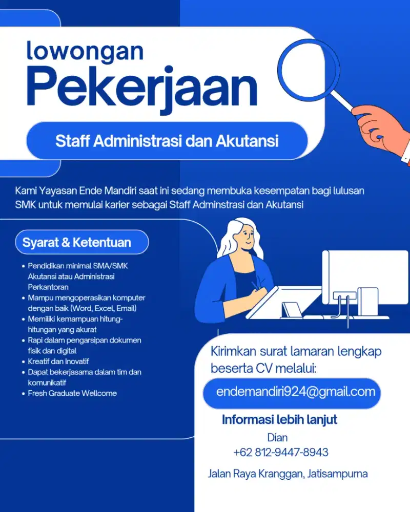 Di butuhkan segera Staff Administrasi dan Akutansi