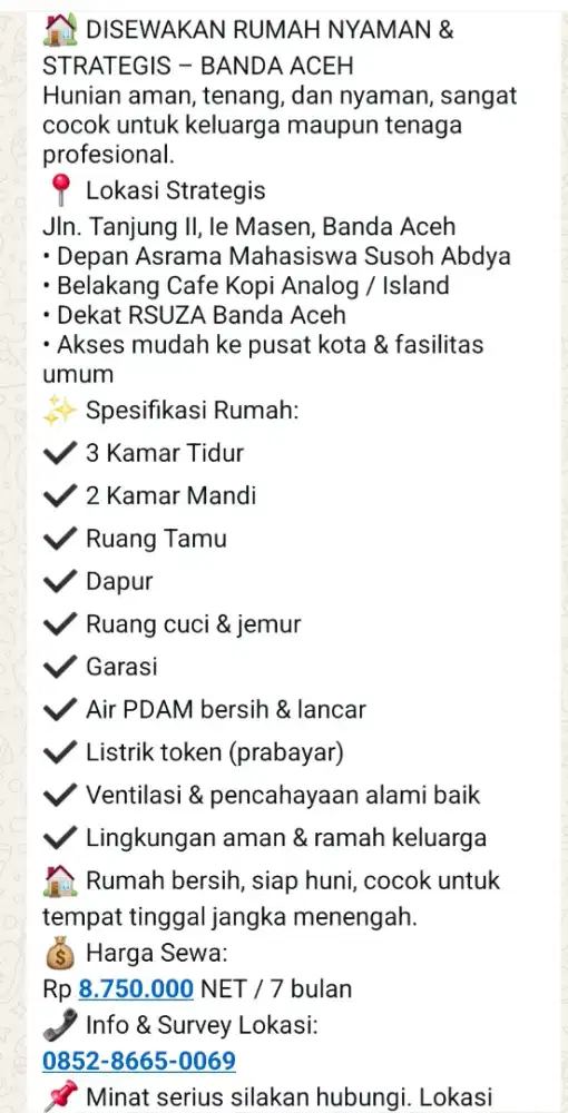 SEWA RUMAH NYAMAN & STRATEGIS – BANDA ACEH