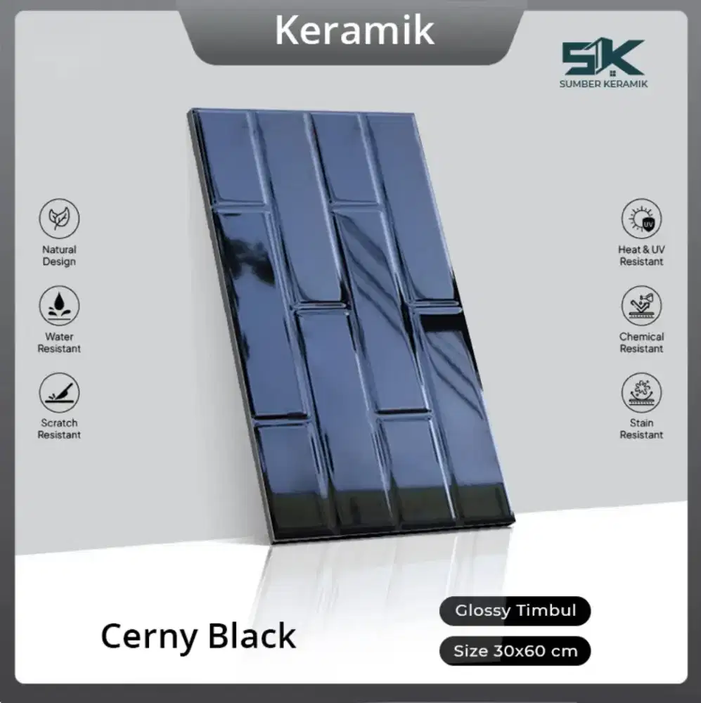Keramik dinding cerny glossy timbul 30x60
