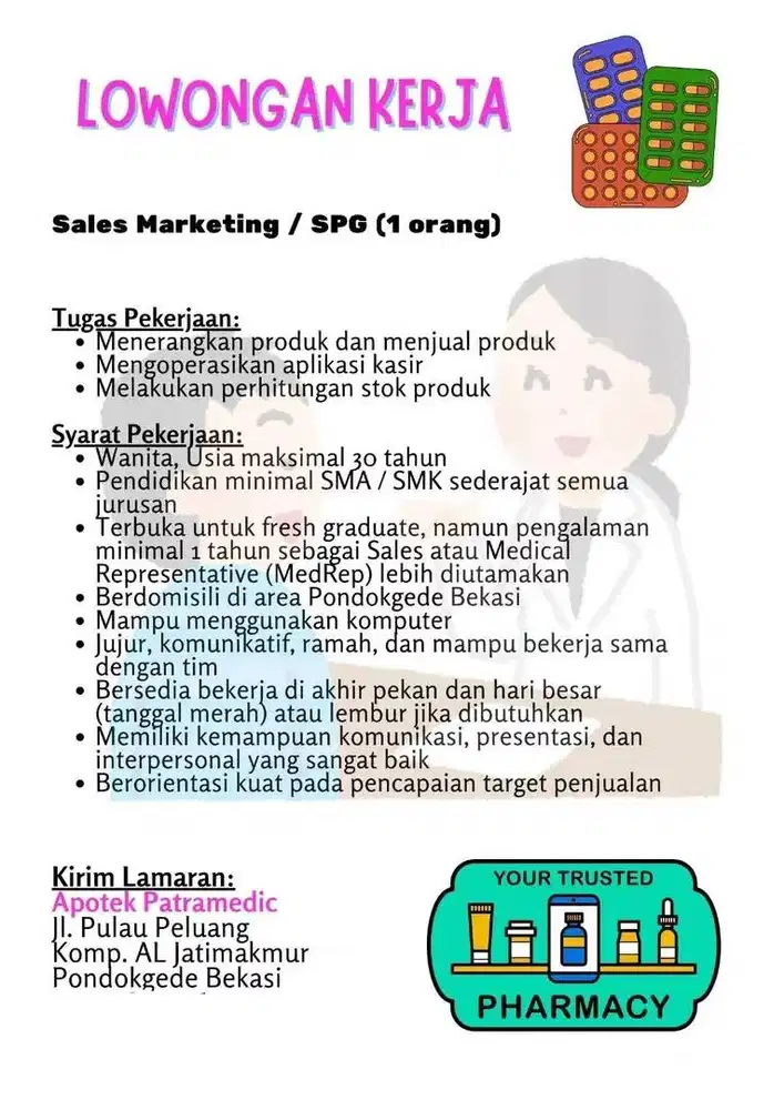 Lowongan kerja sales marketing/SPG di apotek