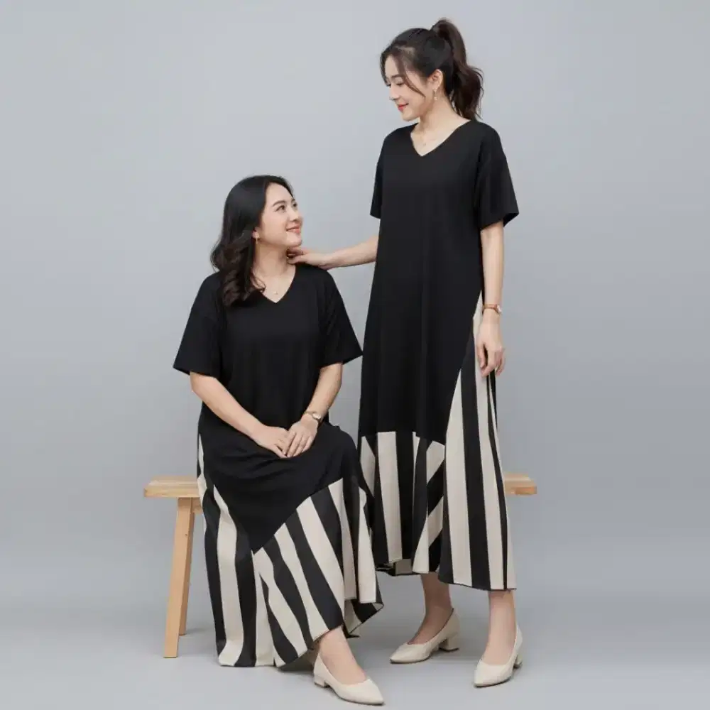Mikka Dress Wanita | Dress Hitam Elegan Stripe Bawah