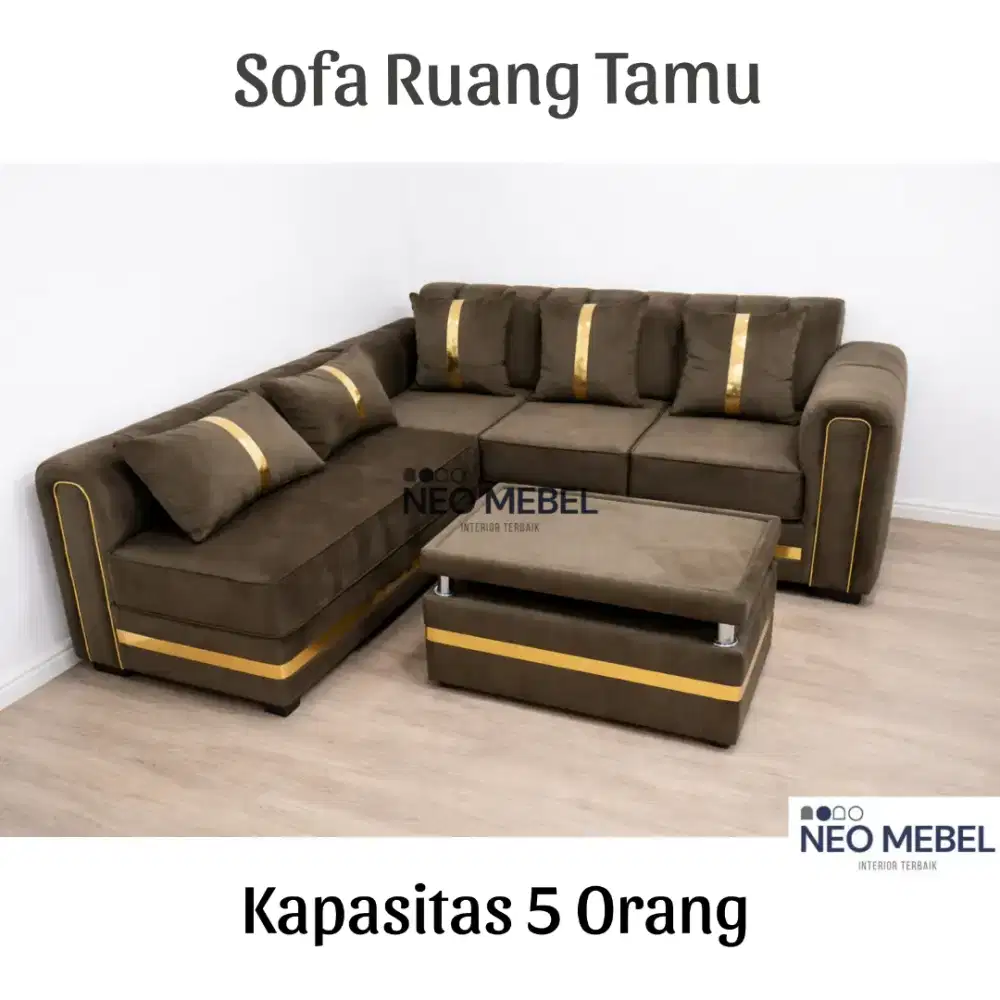 Sofa ruang tamu. Sofa L putus + meja. Kapasitas 5 org. Bonus 5 bantal