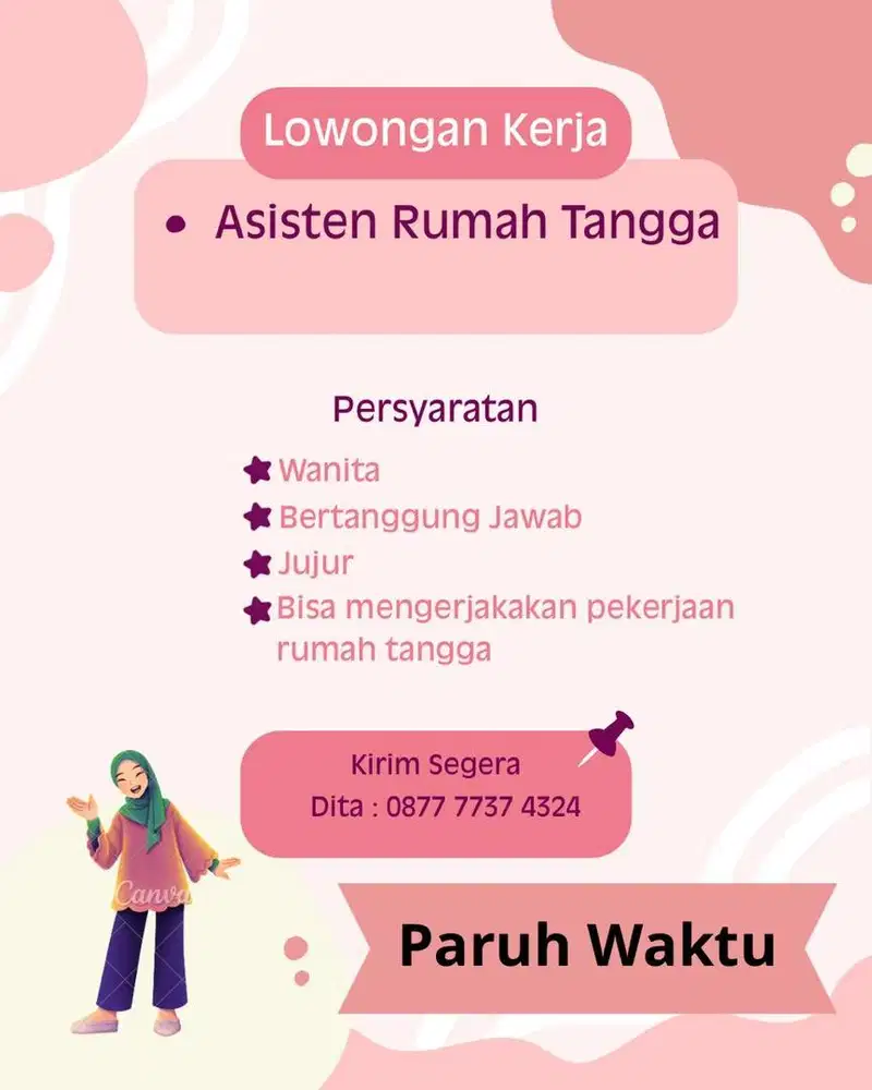 Di Cari ART paruh waktu, Jujur dan rajin