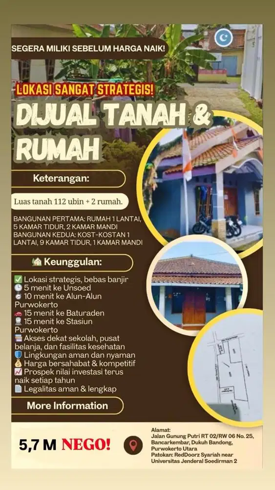 Dijual Tanah Seluas 112,5 Ubin (1.575m) Dekat Unsoed
