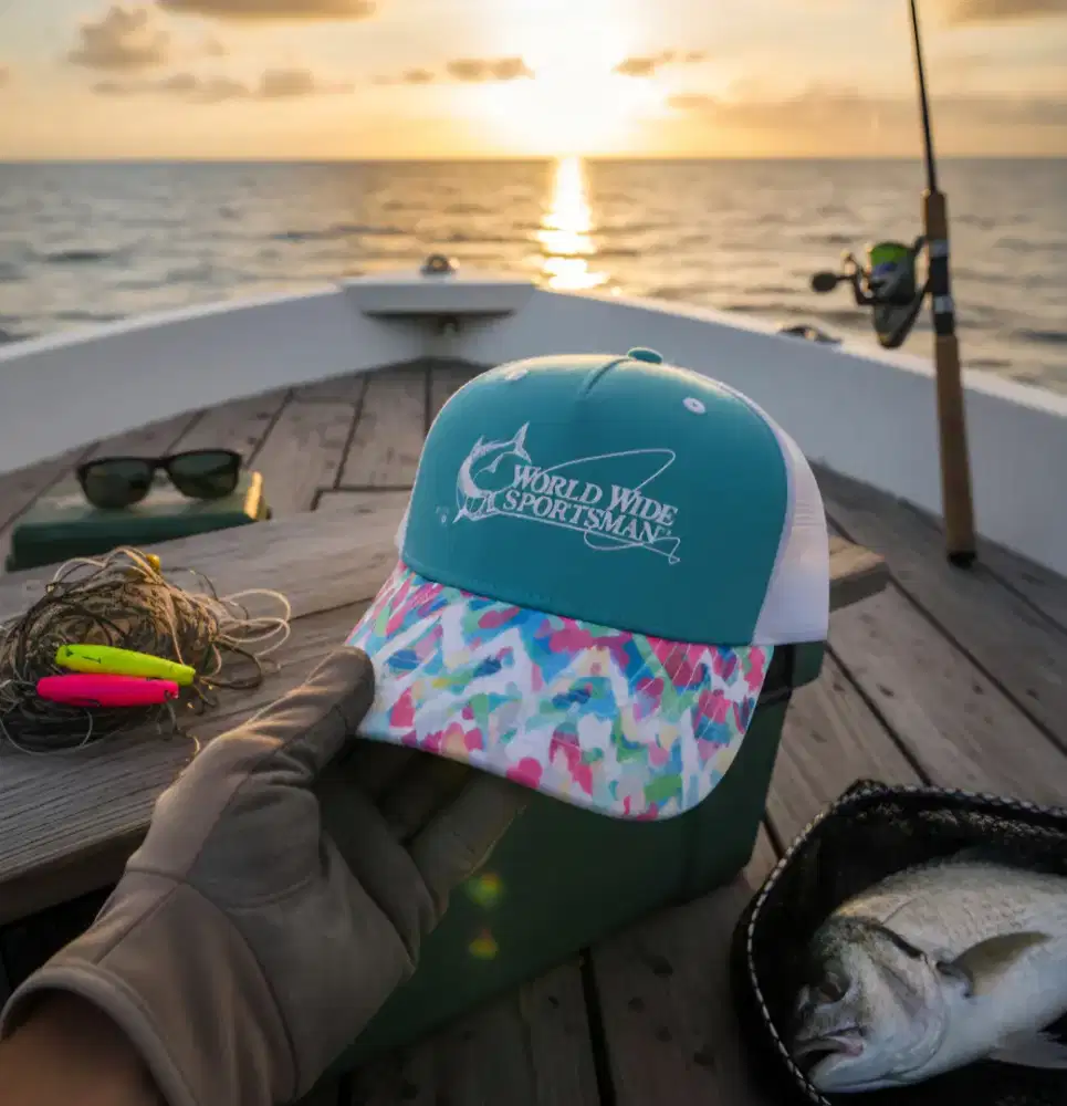 Topi Trucker Logo Mancing Ikan World Wide Ori Second Hijau Mint Putih