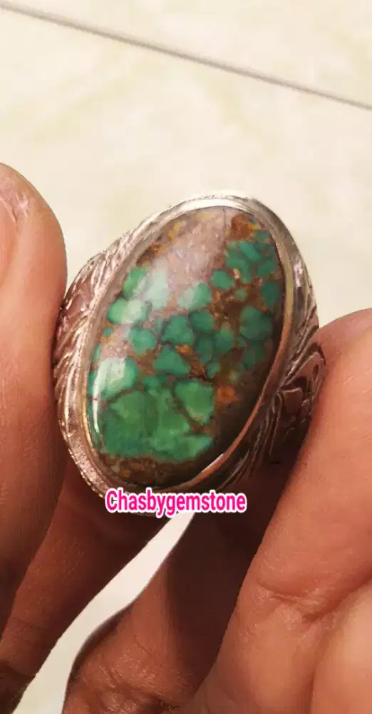 Cincin Batu Pirus Persia ijo kedindong-Pirus Persia serat kura lawasan