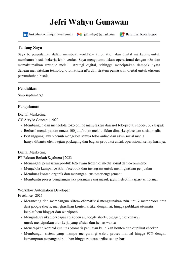 saya mencari pekerjaan pengalaman automation n8n dan digital marketing