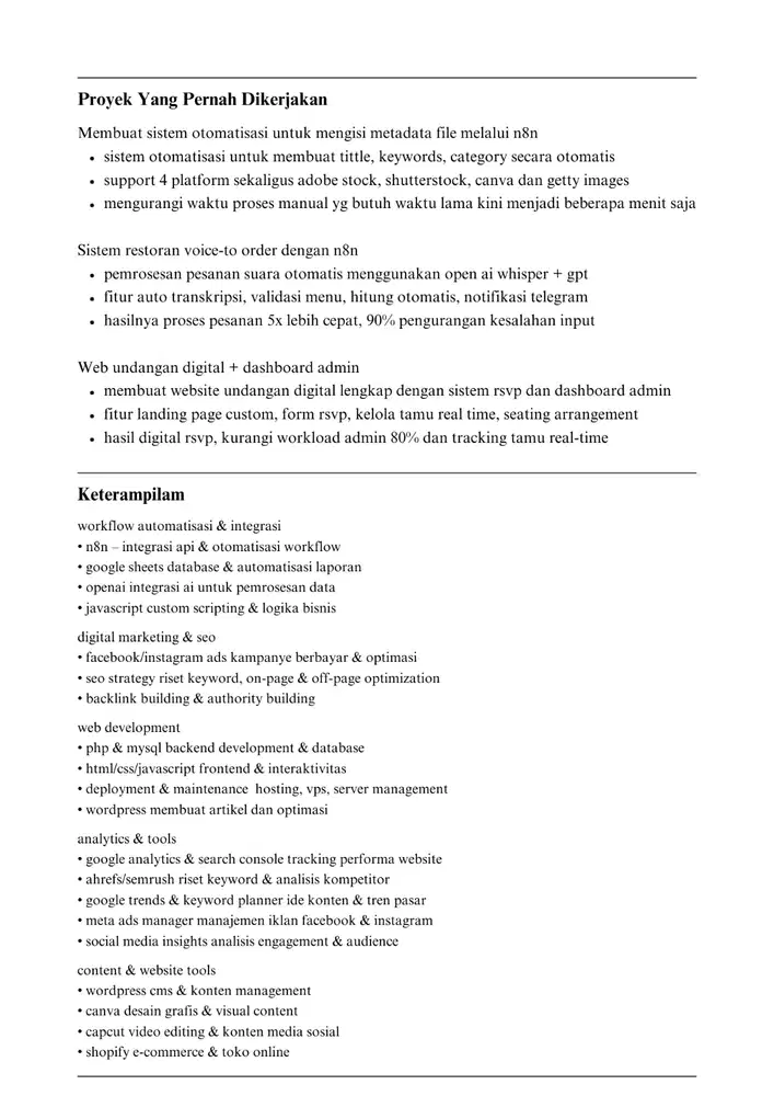 saya mencari pekerjaan pengalaman automation n8n dan digital marketing