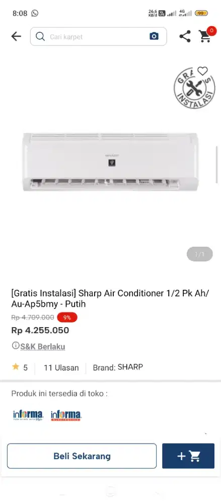 Ac sharp 1/2 pk cicilan tanpa dp pakai indodana paylater