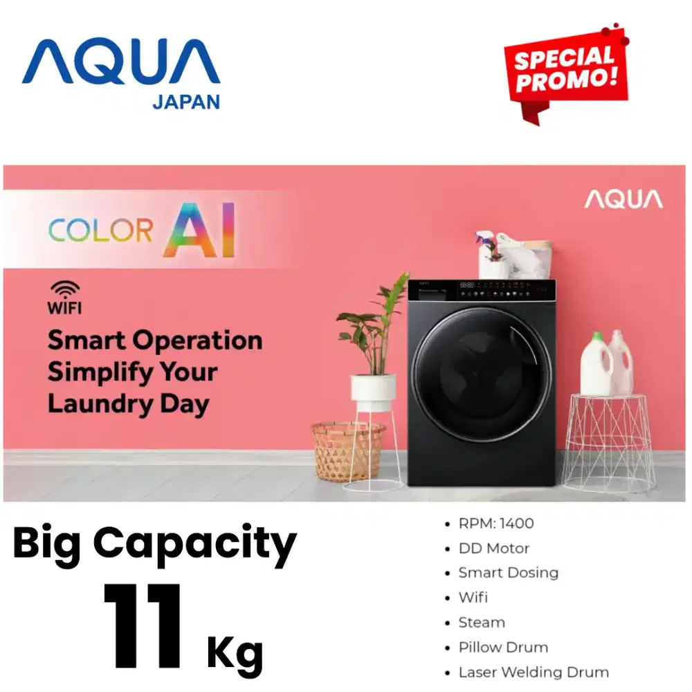 AQUA FQW-1160DF Front Loading 11 KG AI DD Dosing Otomatis Cuci Uap