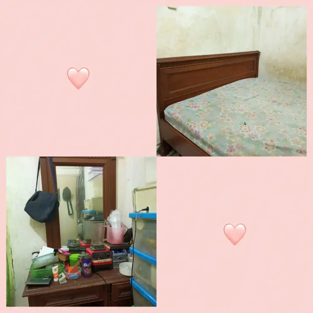 Satu set ranjang jati tanpa kasur dan meja rias nya beserta kursi