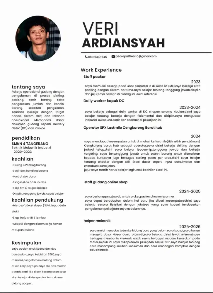 usia 20, pengalaman 2tahun dibidang ekspedisi