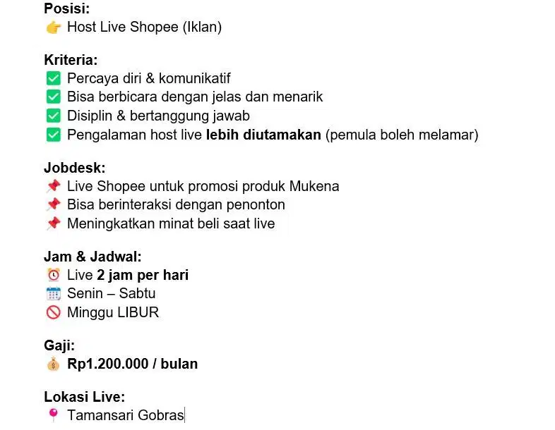 Dicari Host Live Iklan Shopee