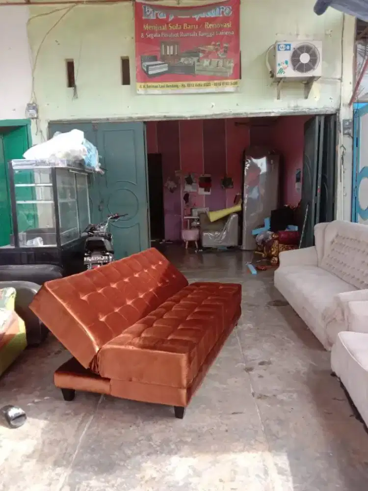 Erafurniture*sofa BED coklat kain baldu motif tarik benang