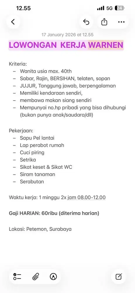 CARI WARNEN/ART PULANG SORE GAJI HARIAN