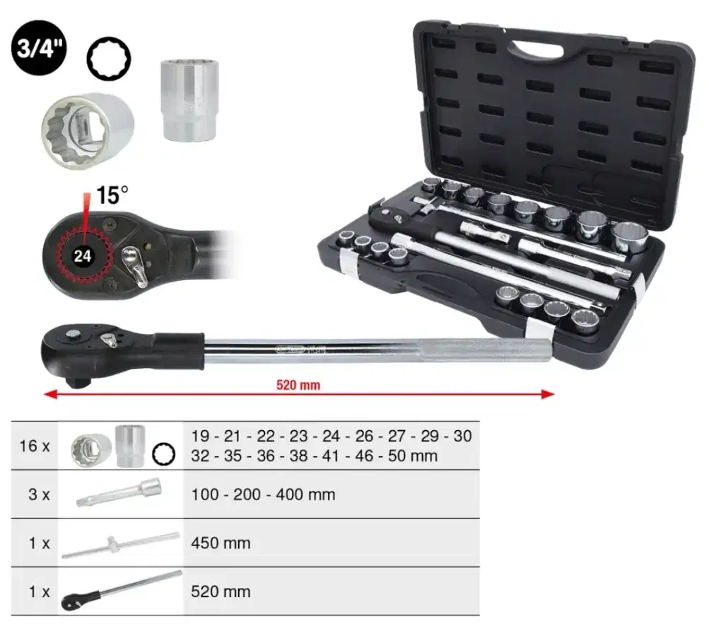 Baru - Socket Set 3/4 (21 pcs).
Socket hingga ukuran 50mm