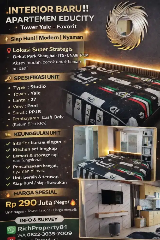 Yale Educity Studio Furnished dekat ITS Eastcoast Merr Kenjeran,Puncak