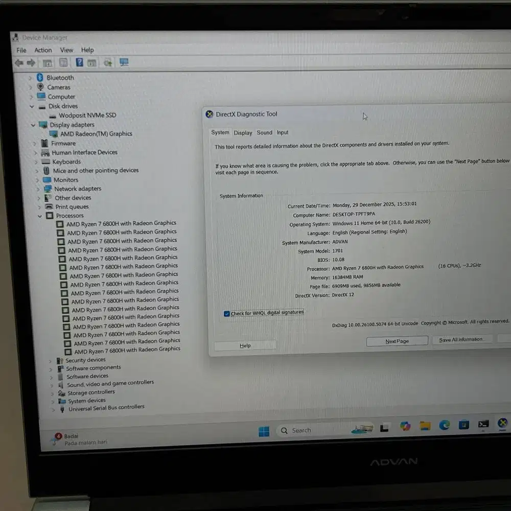 ADVAN PIXWAR AMD RYZEN 7 6800H RAM 16GB SSD 256GB