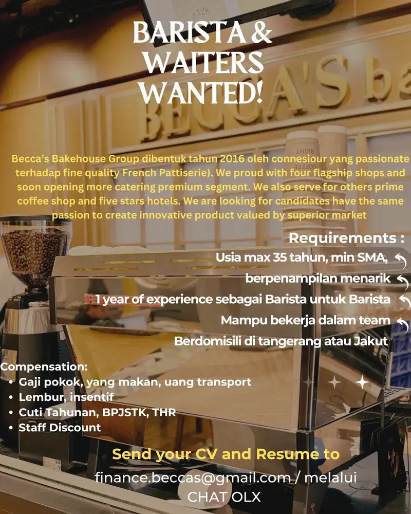 Dibutuhkan Waiters & Barista Berpengalaman