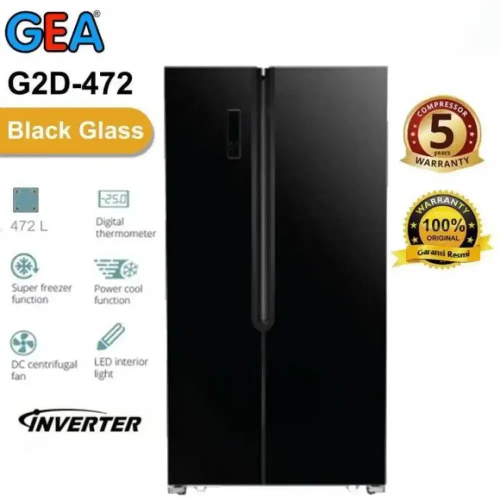 GEA Kulkas Side By Side 2 Pintu 473 Ltr INVERTER Black Glass G2D-472R