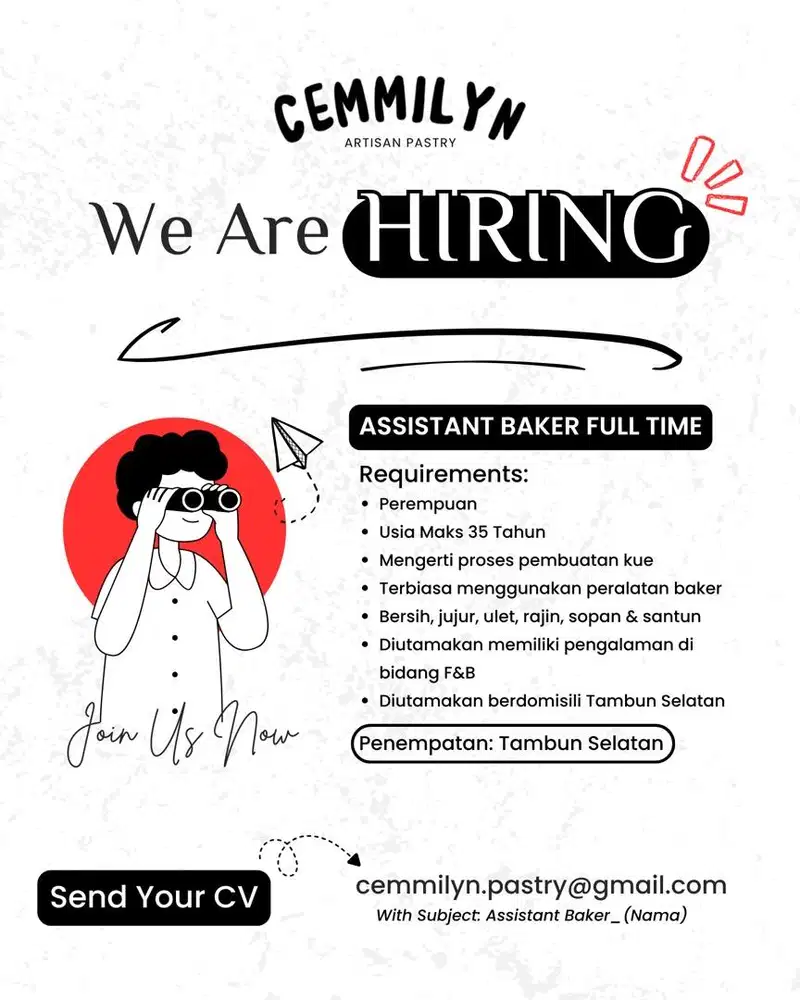 Cemmilyn Artisan Pastry Hiring - Assistant Baker (Full Time)