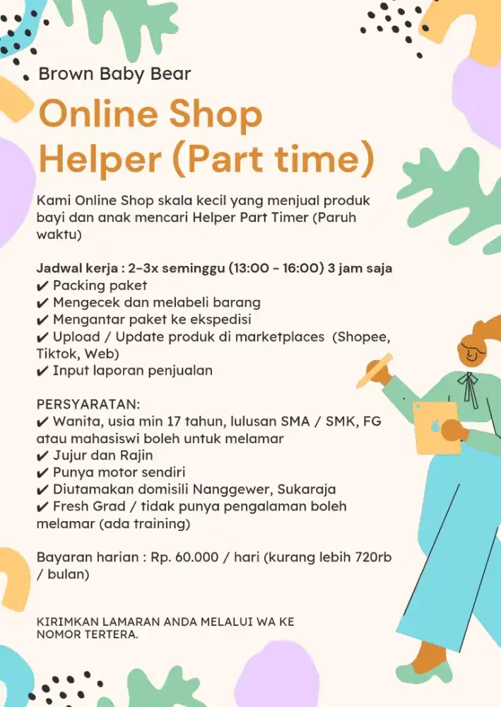 Dicari Admin / Helper Online Shop Part Time / Paruh Waktu