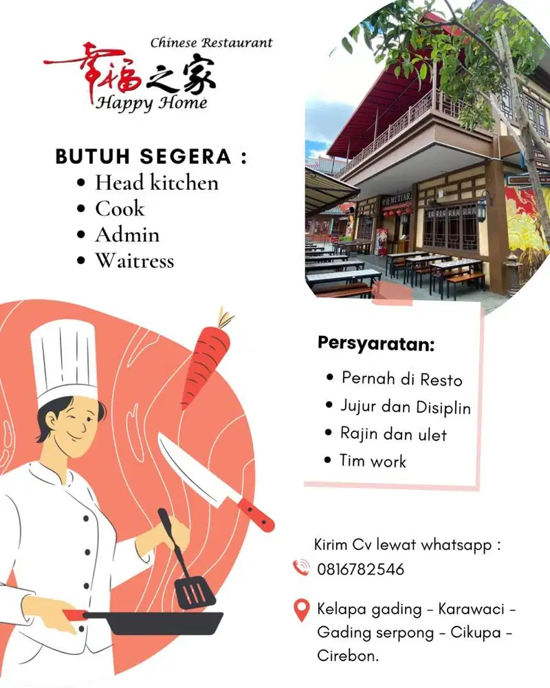 Dibutuhkan Segera untuk Resto di Kelapa gading & Tangerang