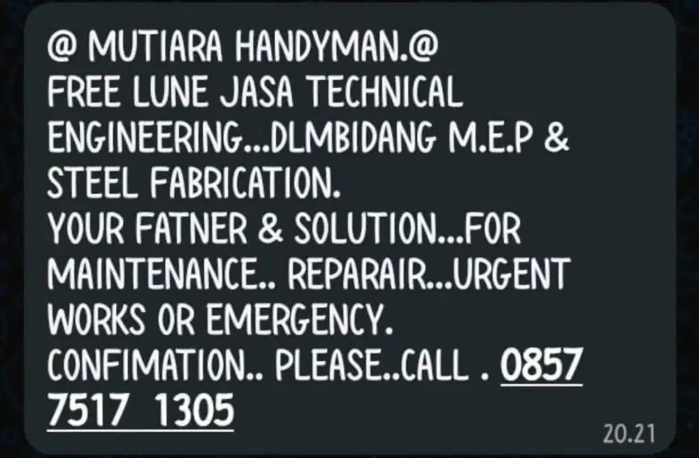 Mutiara hanďman free line jasa technical engineering