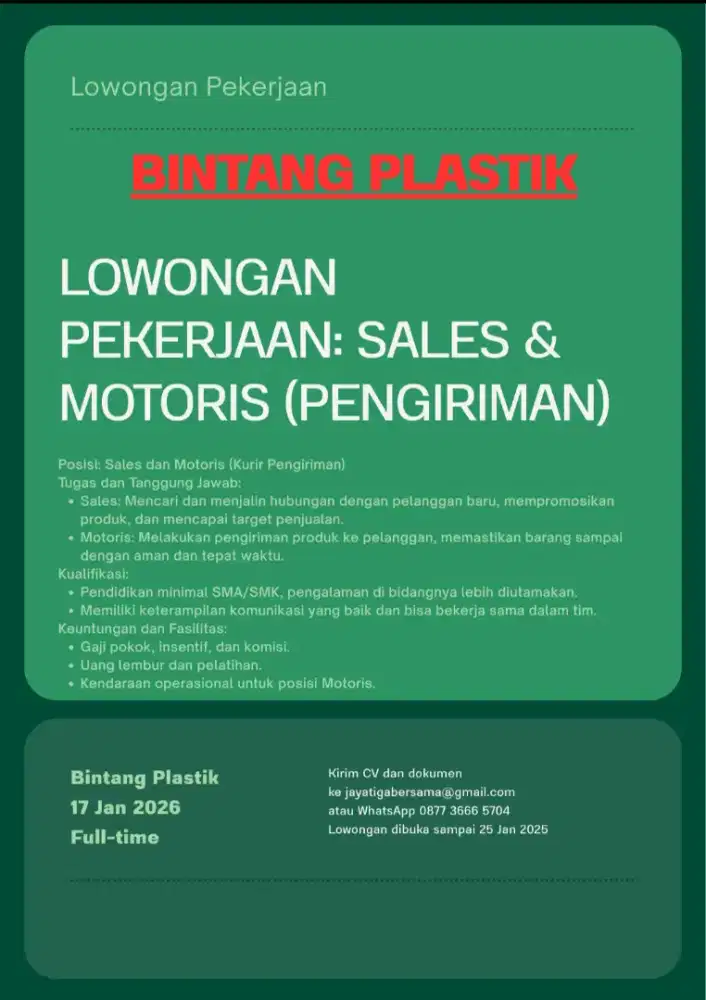 Lowongan Motoris & Sales