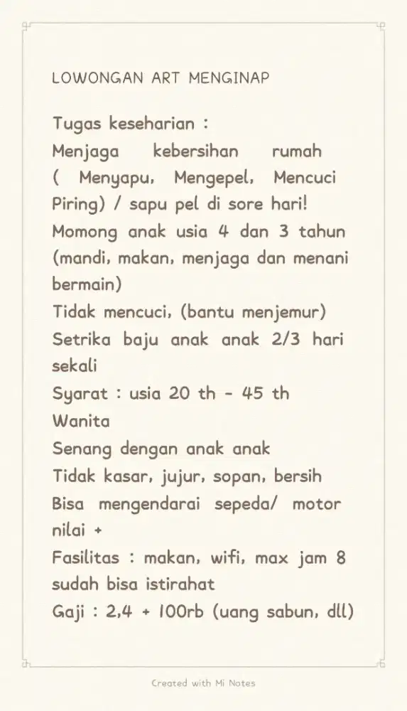 Lowongan ART menginap