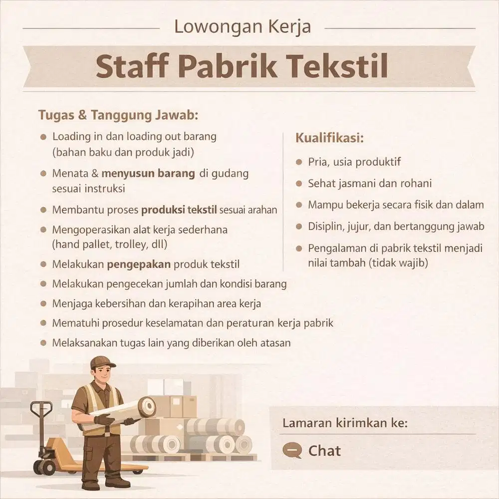 Lowongan Pekerjaan Staff Gudang Tekstil