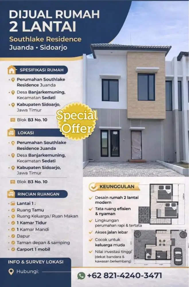 DIJUAL RUMAH 2 LANTAI – SOUTHLAKE RESIDENCE JUANDA, SIDOARJO