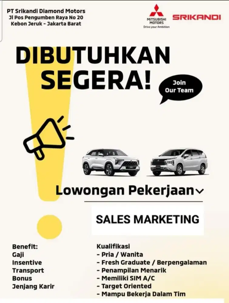 LOWONGAN KERJA SALES / MARKETING MOBIL MITSUBISHI
