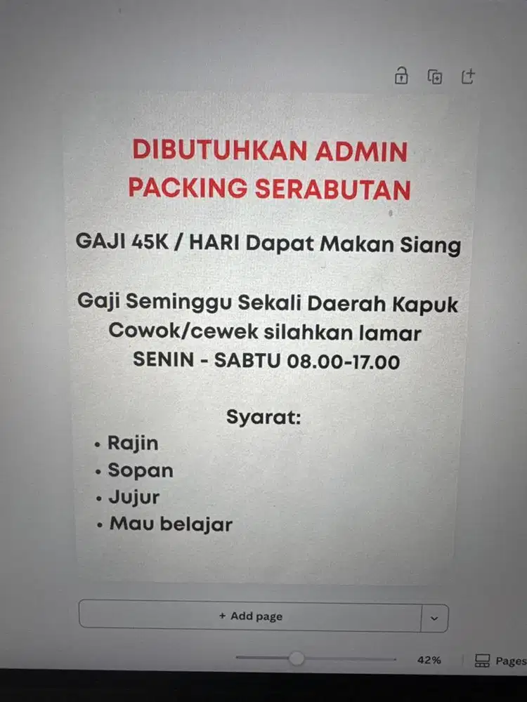 Dibutuhkan karyawan Packing serabutan gaji 45k/ hari udah dapat makan